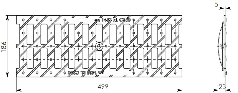 Схема чугунной решетки 500х186х23 щелевой, кл. C250