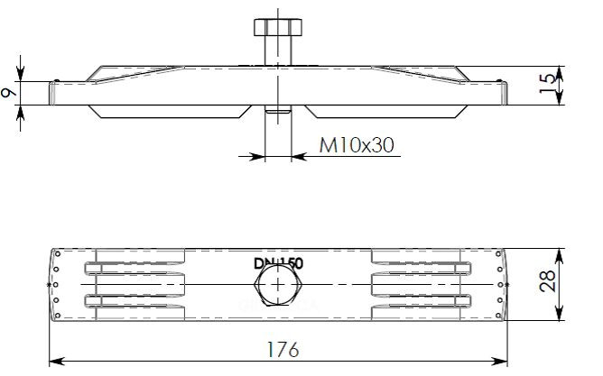 Чертеж фиксатора решетки для комплекта DN150 Чертеж крепежа решетки DN150