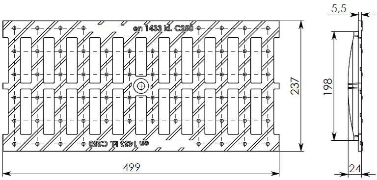 Схема чугунной решетки 500х237х24 щелевой, кл. C250