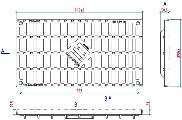 Чертежный вид чугунной решетки 750х400 AQUA-PROM