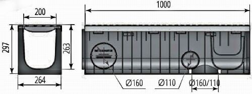 Чертежный вид лотка Profi Plastik DN200 H297