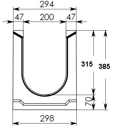 Чертеж лотка СО-200 H385 со стенкой 47 мм