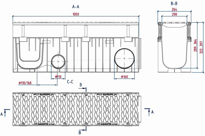 Чертежный вид лотка Profi Plastik DN200 с надстройкой