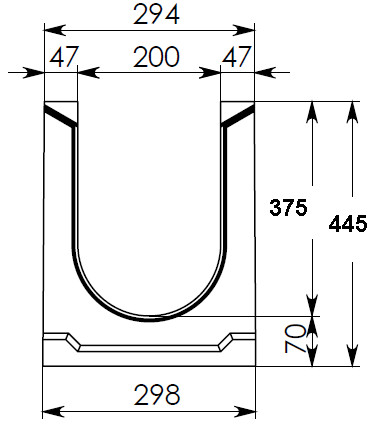 Чертеж лотка СО-200 H445 со стенкой 47 мм