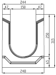 Чертеж лотка бетонного DN150 H315 со стенкой 47 мм