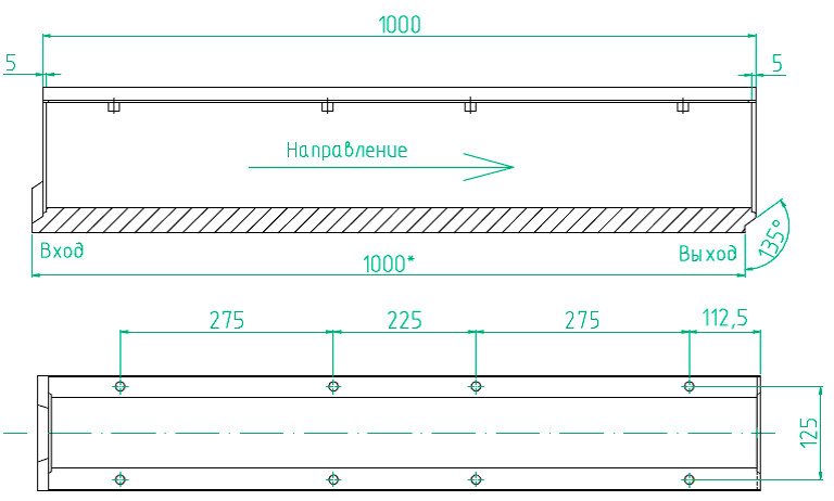 Чертеж лотка MAXI Light DN100 H110, вид спереди и сверху