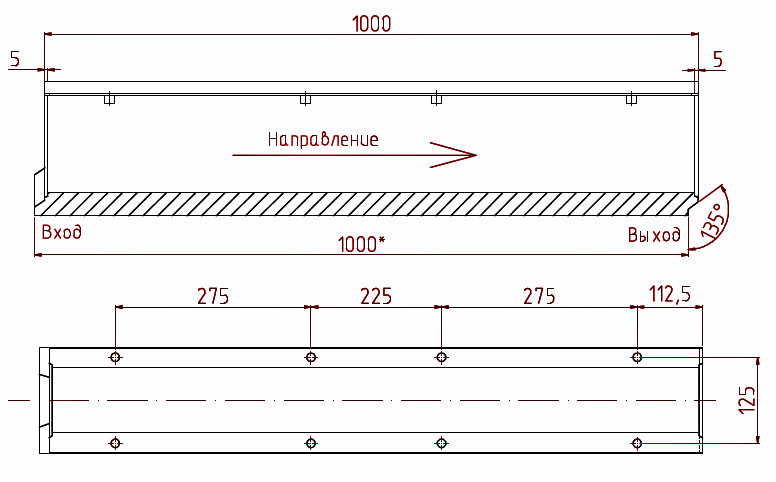 Чертеж лотка DN100 h165, профильный вид