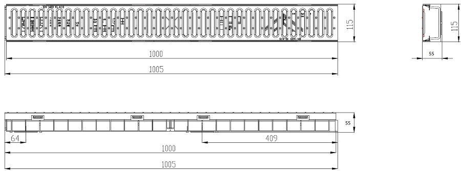 Чертежный вид Gidrolica Light DN100 H55 со стальной решеткой