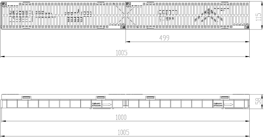 Чертежный вид Gidrolica Light DN100 H55 с пластиковой решеткой