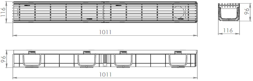 Чертежный вид Gidrolica Light DN100 H96 с пластиковой решеткой A15