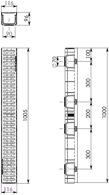 Чертежный вид Gidrolica Light DN100 H96 с решеткой стальной A15