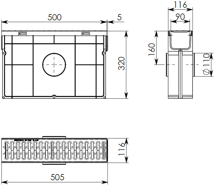 Чертежный вид Gidrolica Light DN100 H320 со стальной решеткой