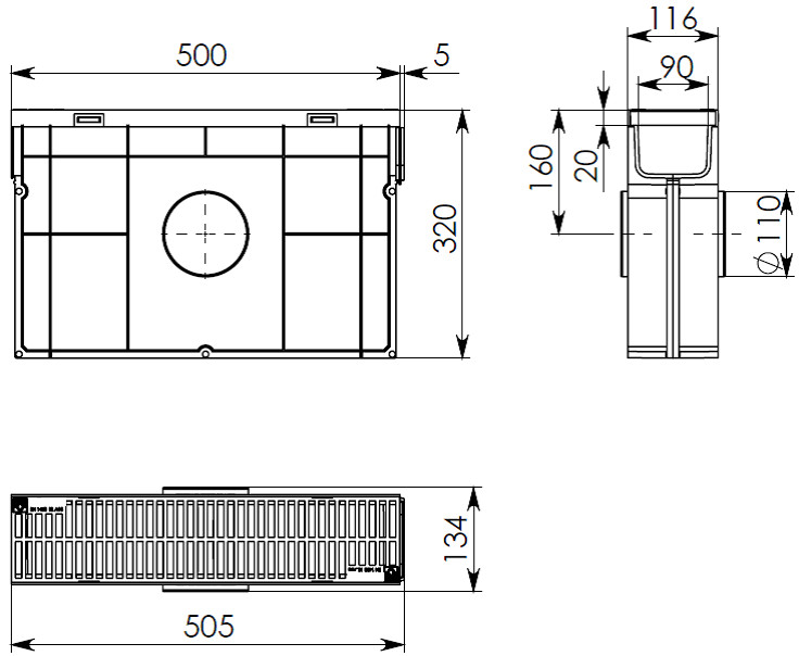 Чертежный вид Gidrolica Light DN100 H320 с пластиковой решеткой