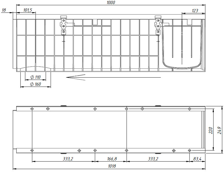 Чертеж лотка DN200 H304 E600