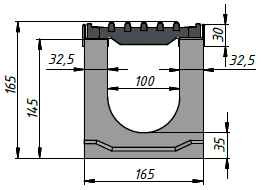 Бетонный лоток SUPER DN100 H165 E600, вид слева SUPER DN100 H165 E600, вид слева