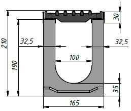 Бетонный лоток SUPER DN100 H210 E600, вид слева SUPER DN100 H210 E600, вид слева
