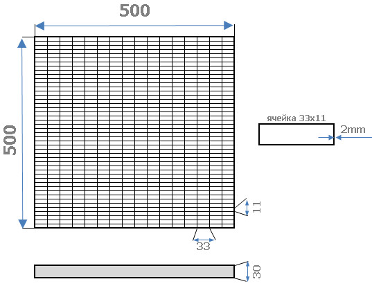 Схема стальной решетки 500х500х30, ячейка 33х11
