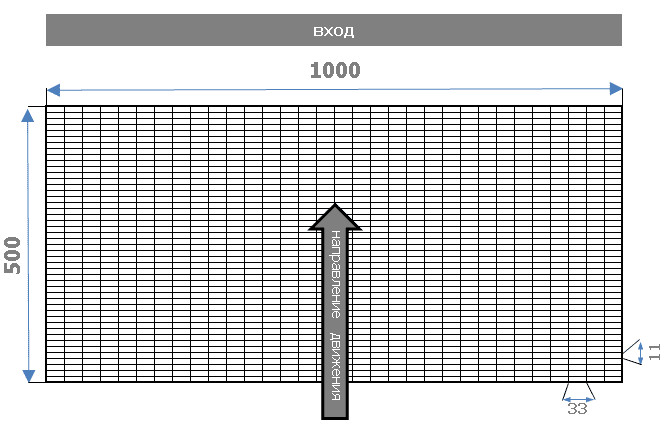 Направление для придверной решетки 500х1000х20, ячейка 33х11 Вектор движения по решетке 500х1000