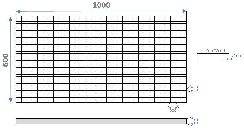Схема стальной решетки 600х1000х30, ячейка 33х11