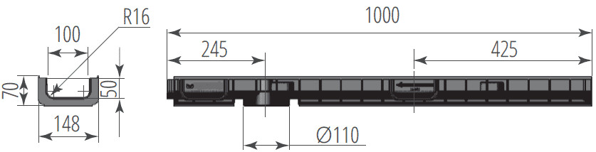 Чертежный вид лотка Norma Plastik DN100 H70