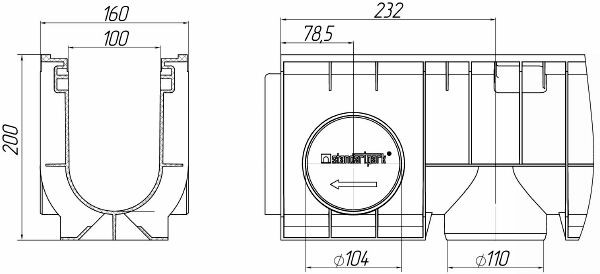 Чертеж лотка PolyMax Basic DN100 H200