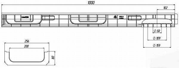 Чертеж лотка PolyMax Basic DN200 H80