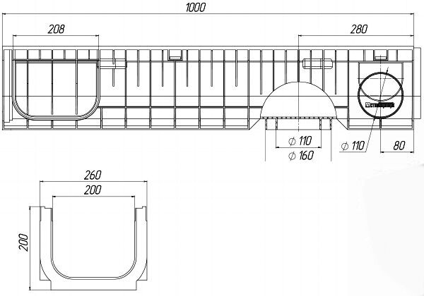 Чертеж лотка PolyMax Basic DN200 H200